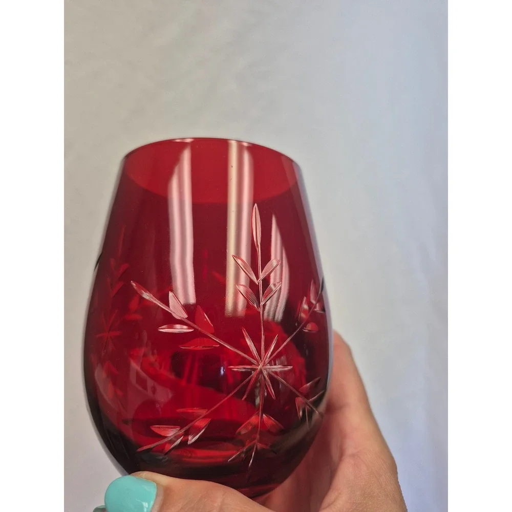 Set of 2 Ruby Red Cut Snowflake Stemless Wine Glasses Handmade Holiday Christmas